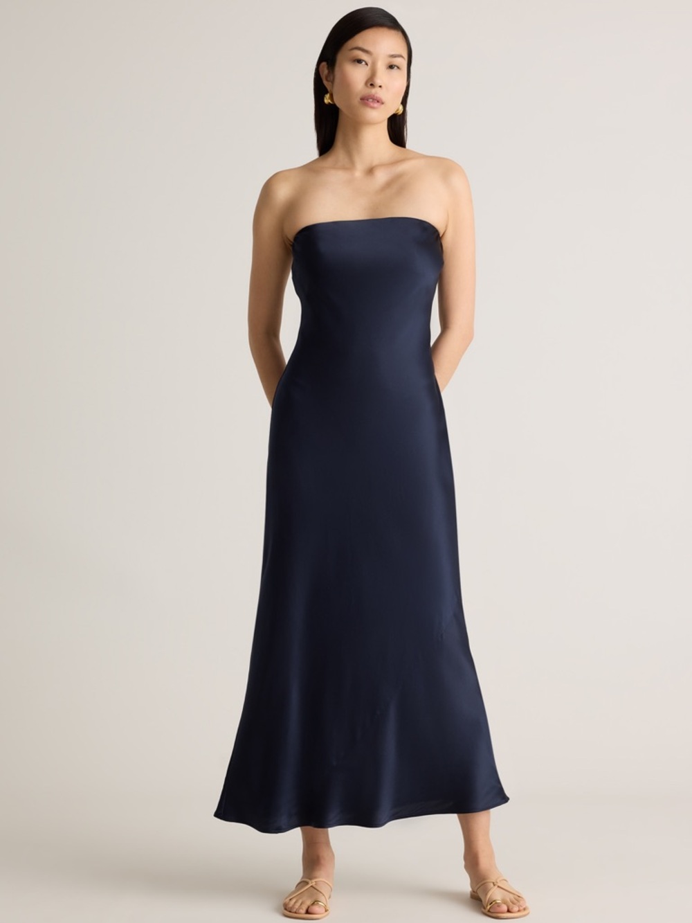 Brand New Quince 100% Washable Silk Strapless Midi Dress Navy Size Small